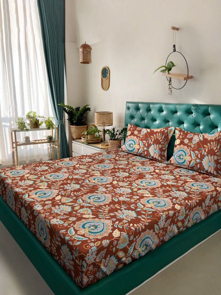 Aura Rust & Blue Ethnic Motifs Printed 300 TC Double King Bedsheet Set-2.50 m X 2.25 m