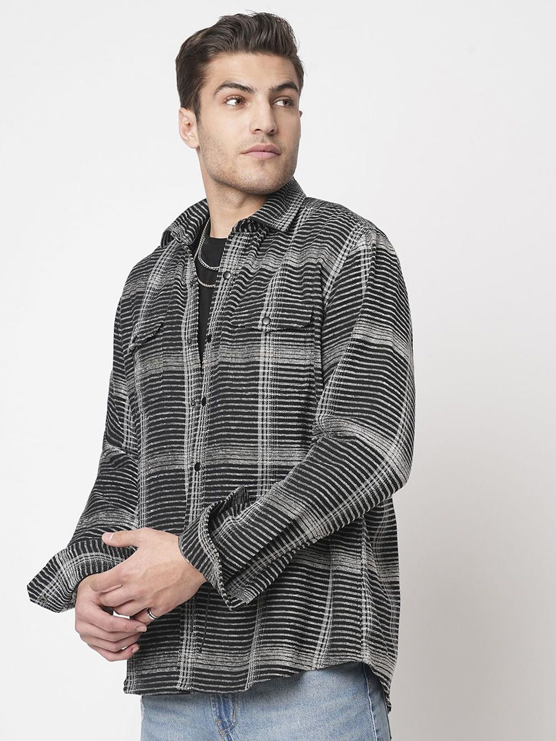 VASTRADO Men Black & White Checked Double Flap Pocket Textured Overshirt