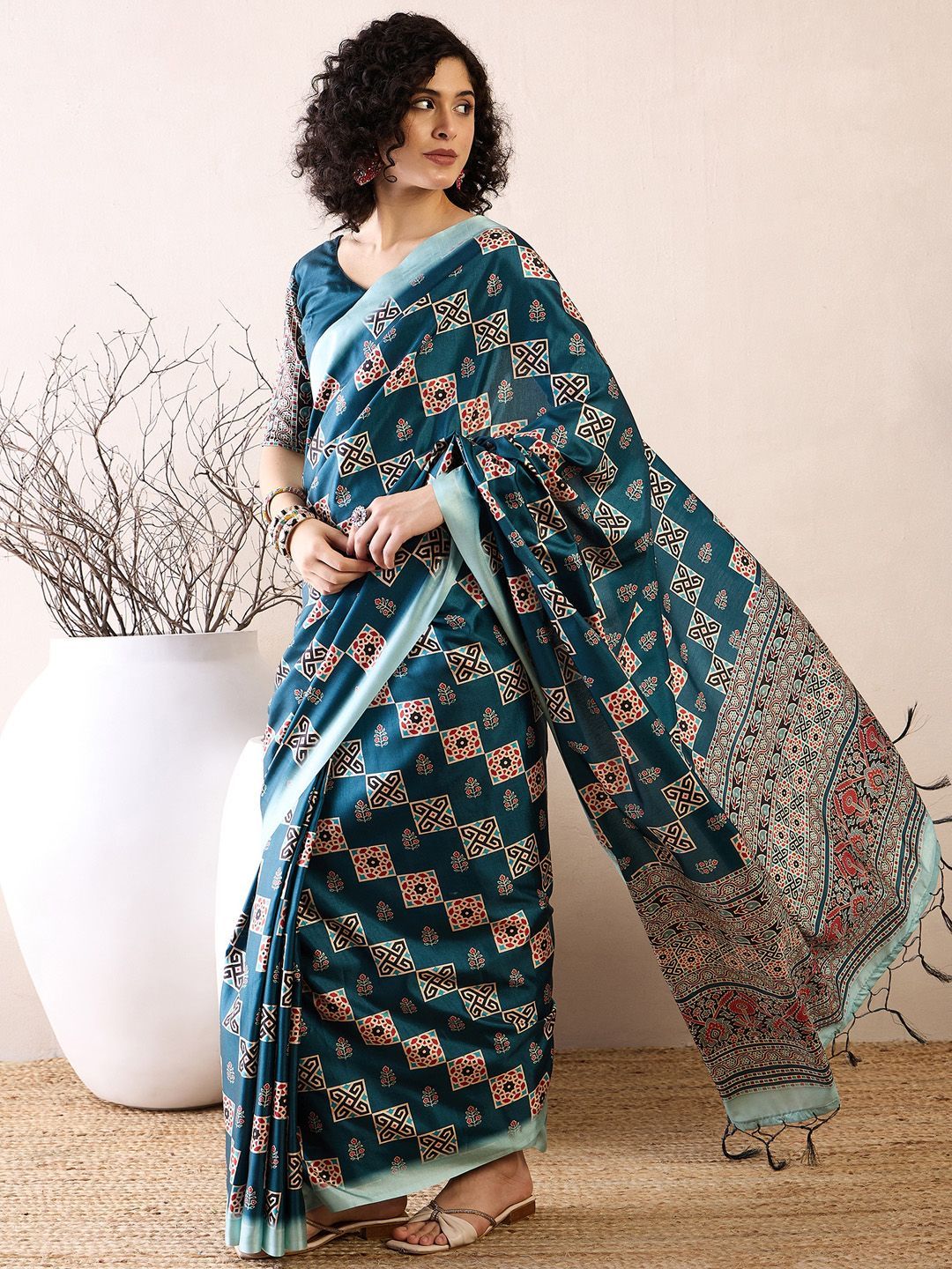 Saree mall modal Ajrak Block Satin Bagru SareesWith Blouse Piece