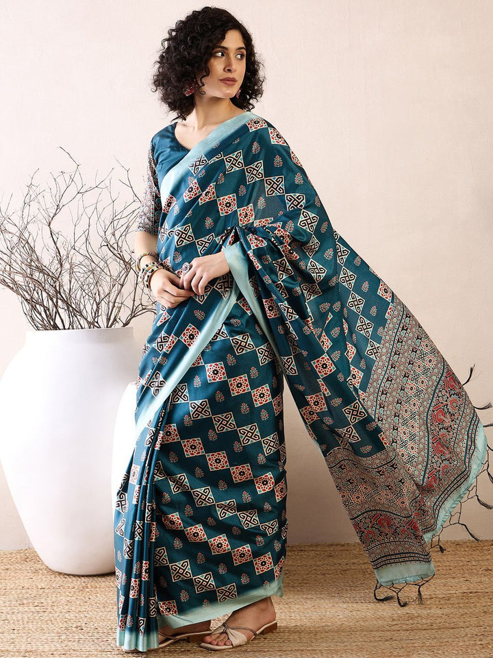 Saree mall modal Ajrak Block Satin Bagru SareesWith Blouse Piece
