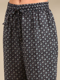 Anouk Navy Blue Floral Printed Notch Neck Straight Kurta with Trousers & Dupatta