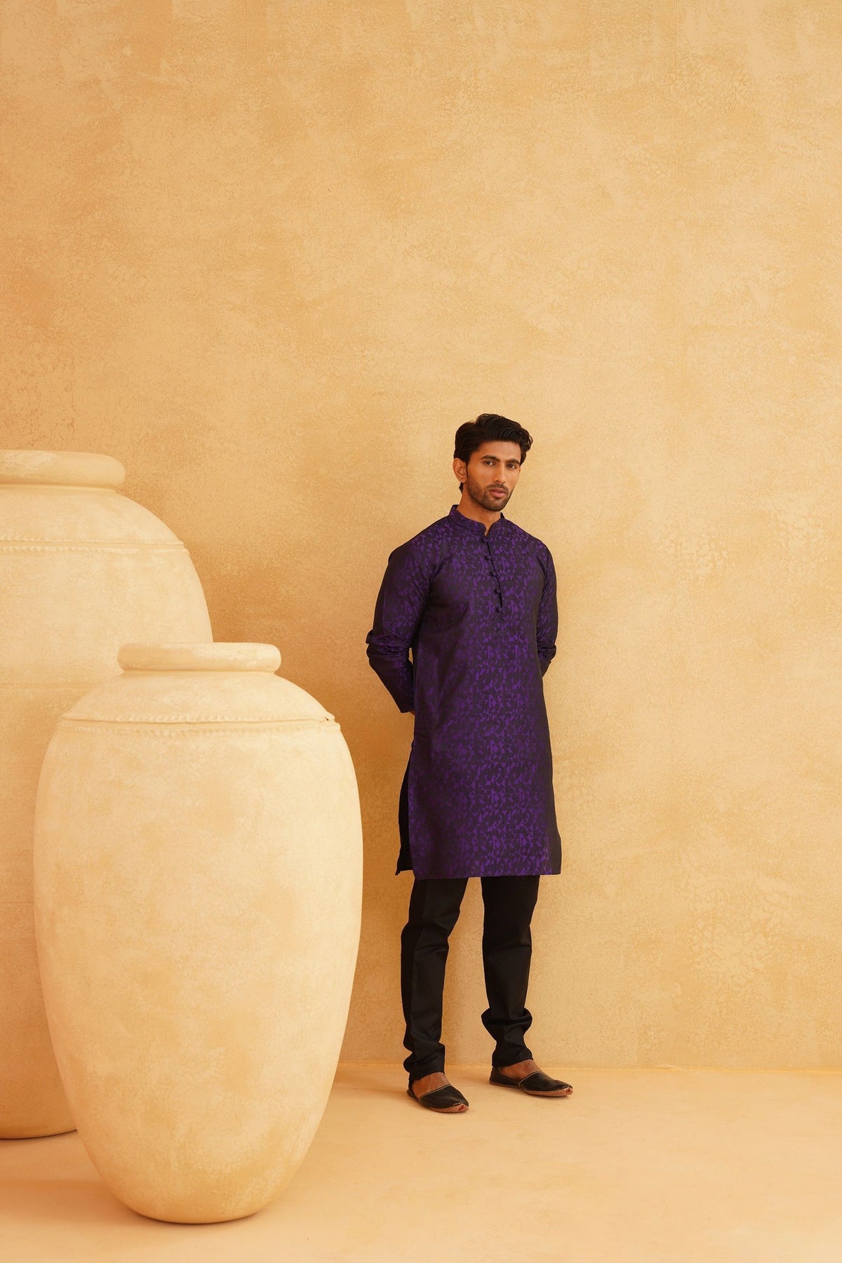 SOJANYA Geometric Printed Mandarin Collar Jacquard Silk Straight Long Kurta