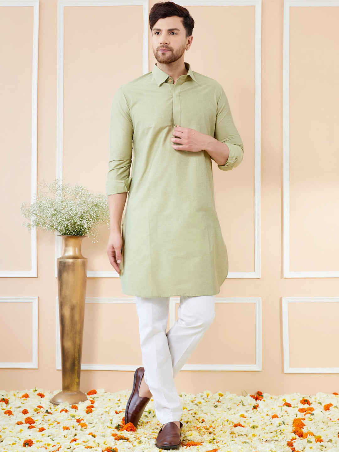 See Designs Shirt Collar Long Sleeves Pure Cotton Pathani Kurta With Pyjamas