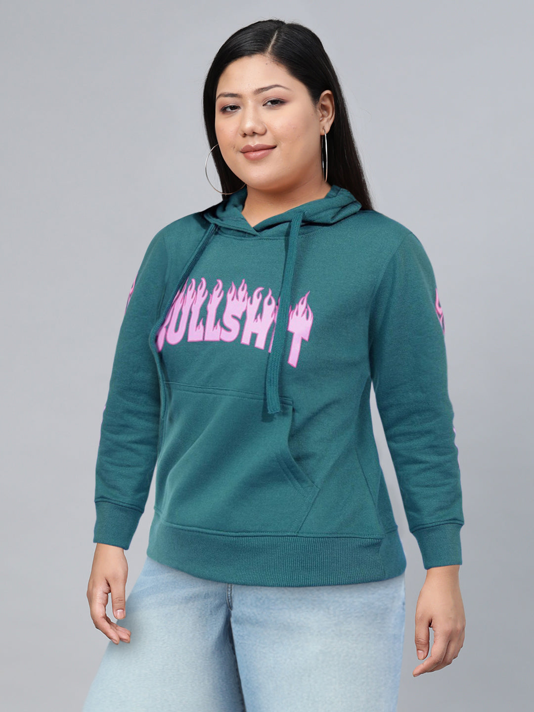 Tokyo Talkies Women Teal Printed Hooded Sweatshirt