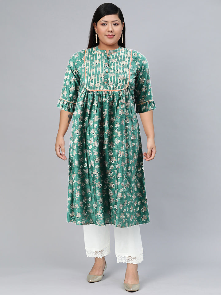 AURELIA Women Green Ethnic Motifs Printed Keyhole Neck Kurta