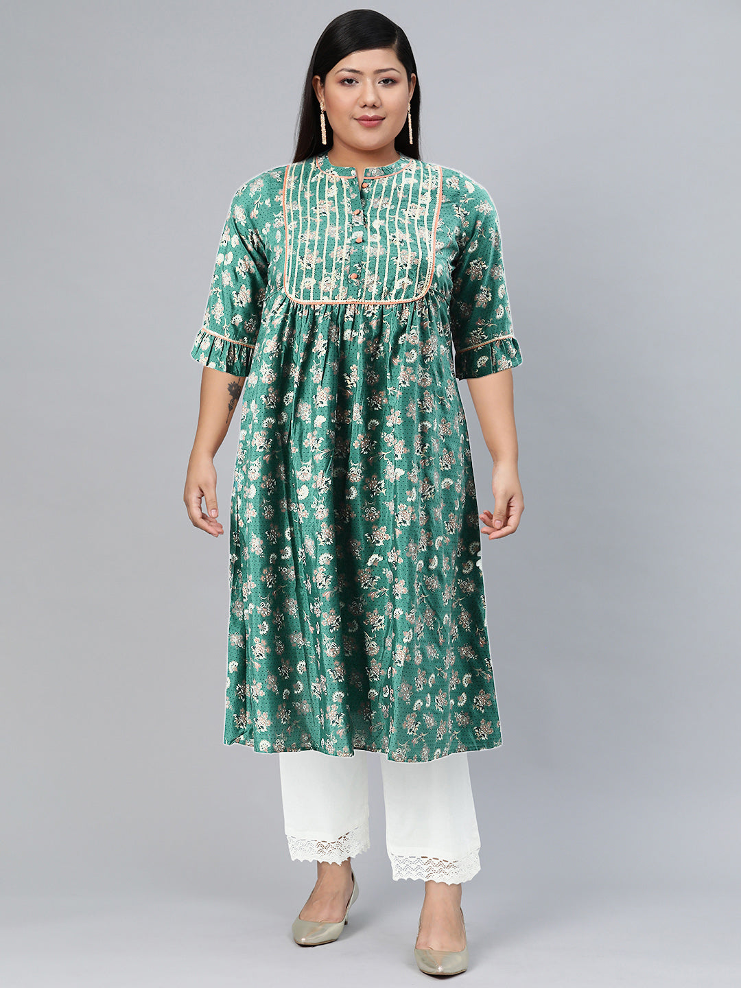 AURELIA Women Green Ethnic Motifs Printed Keyhole Neck Kurta