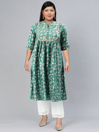 AURELIA Women Green Ethnic Motifs Printed Keyhole Neck Kurta