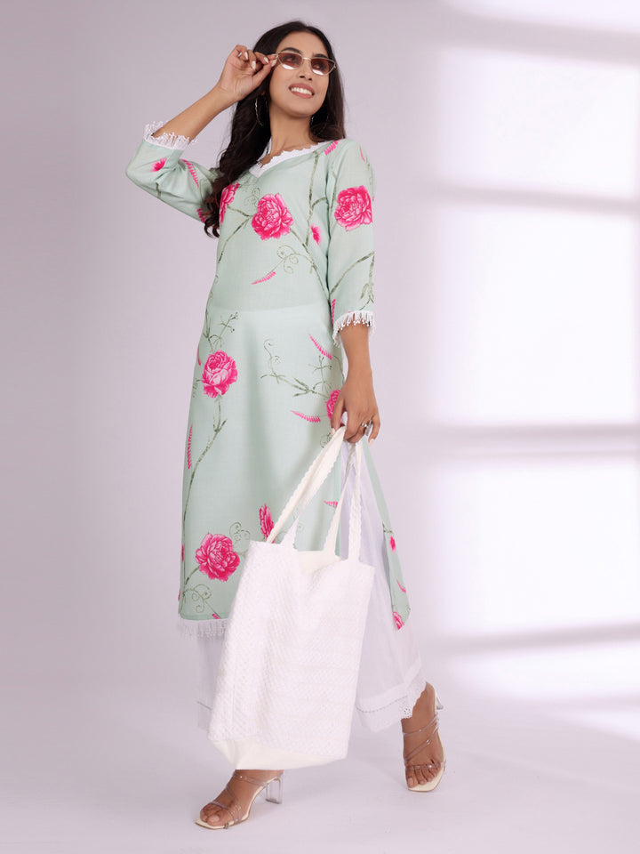 Varanga Floral Printed V-Neck Pure Cotton Straight Kurta