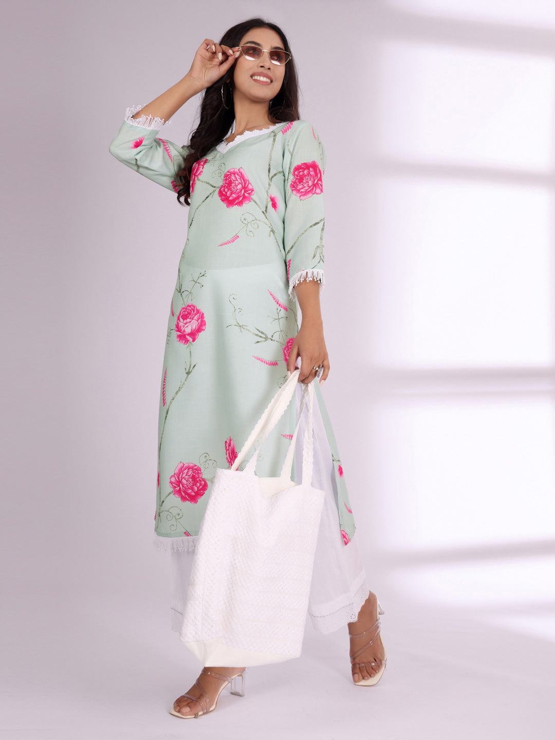 Varanga Floral Printed V-Neck Pure Cotton Straight Kurta