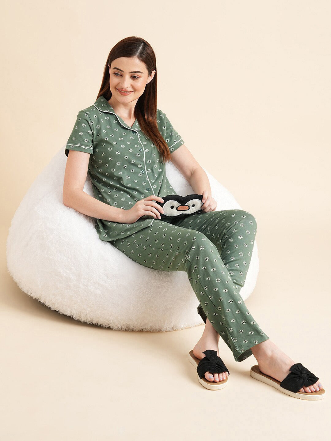 Sweet Dreams Green & White Conversational Printed Pure Cotton Night Suits