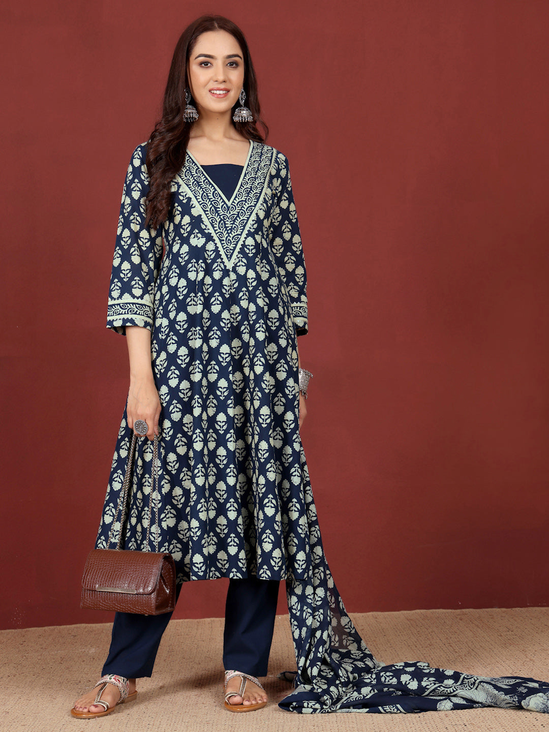 Varanga Floral Printed V-Neck Gotta Patti Pure Cotton A-Line Kurta With Trousers & Dupatta