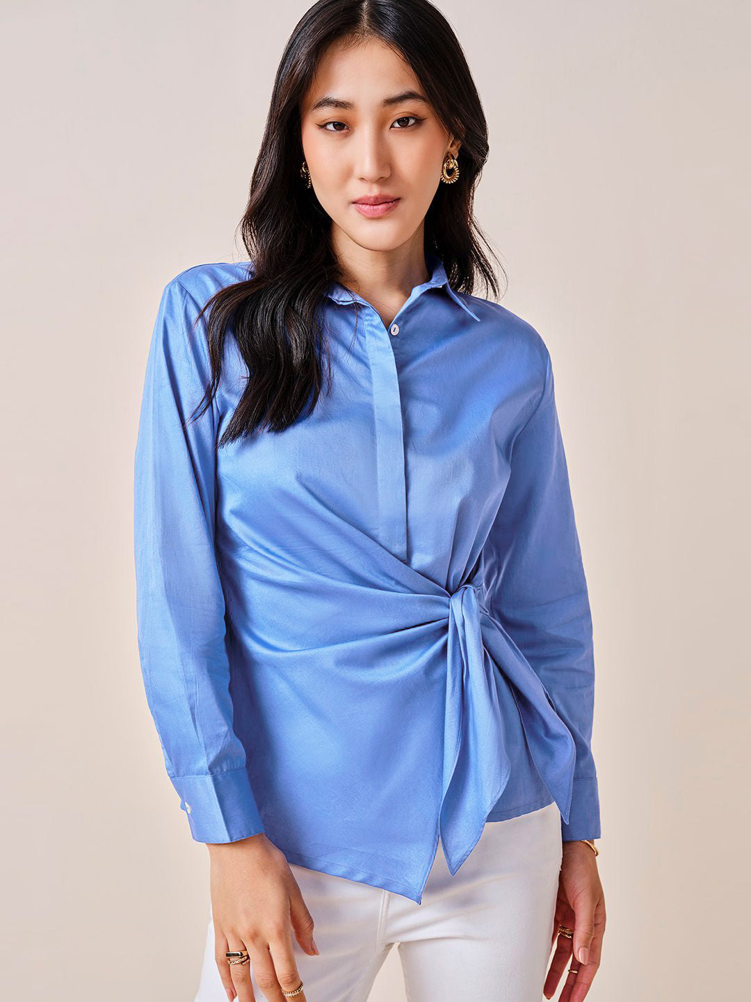 AND Women Solid Shirt Collar Long Sleeves Cotton Top