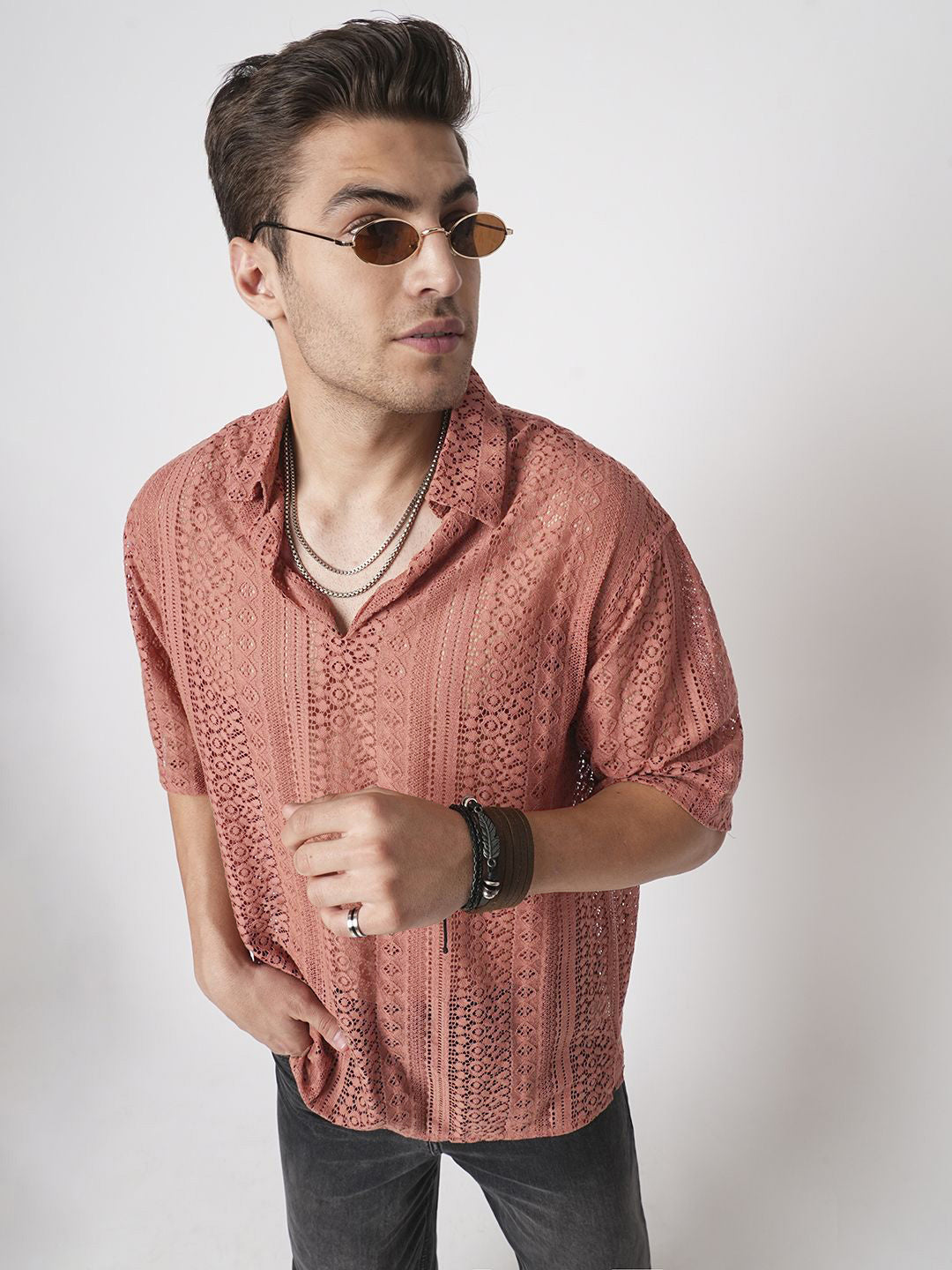 VASTRADO Men Classic Oversized Fit Spread Collar Textured Cotton Casual Shirt