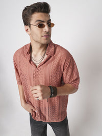 VASTRADO Men Classic Oversized Fit Spread Collar Textured Cotton Casual Shirt