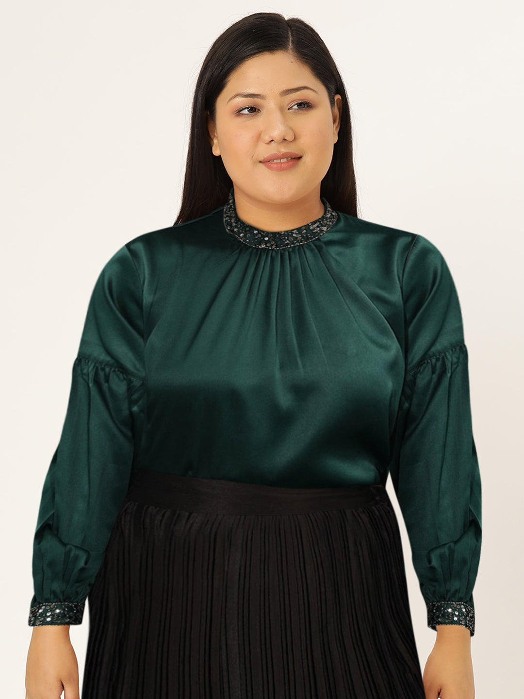 STREET 9 Puff Sleeves High Neck Embellished Satin Top