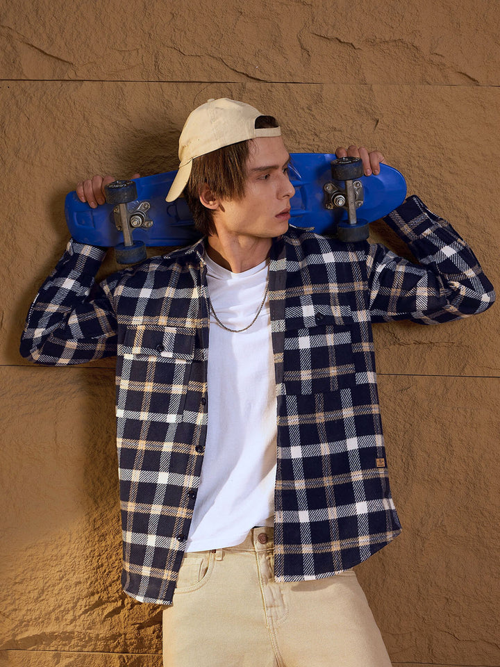 DENNISON Men Double Pocket Drop Shoulder Oversized Cotton Checked Shacket