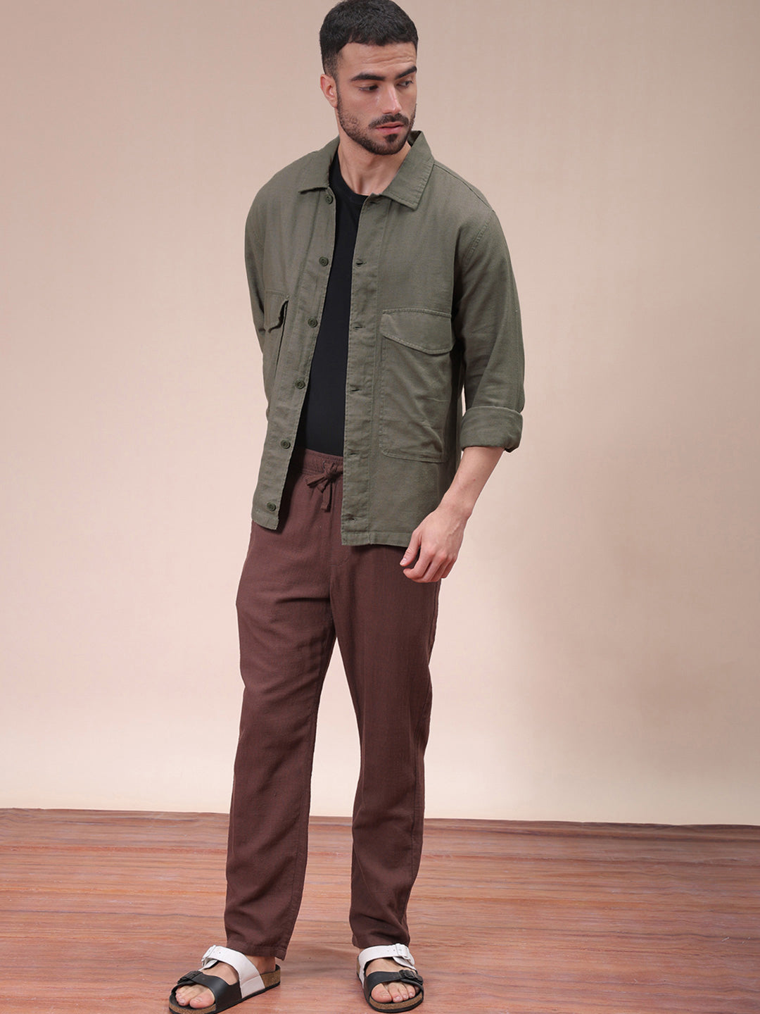 The Indian Garage Co Men Regular Fit Solid Double Flap Pocket Resortwear Overshirt