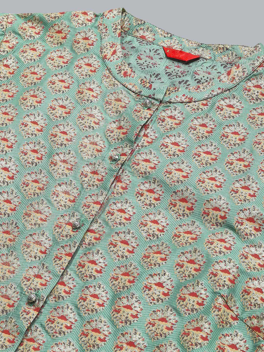 W Floral Printed Mandarin Collar Roll-Up Sleeves Straight Kurta