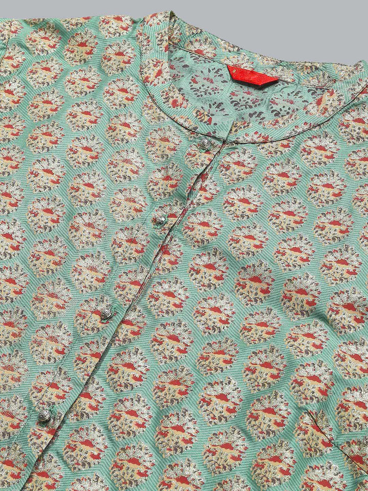 W Floral Printed Mandarin Collar Roll-Up Sleeves Straight Kurta