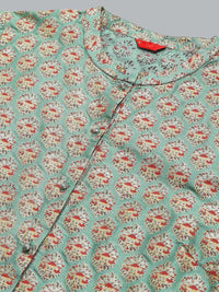 W Floral Printed Mandarin Collar Roll-Up Sleeves Straight Kurta