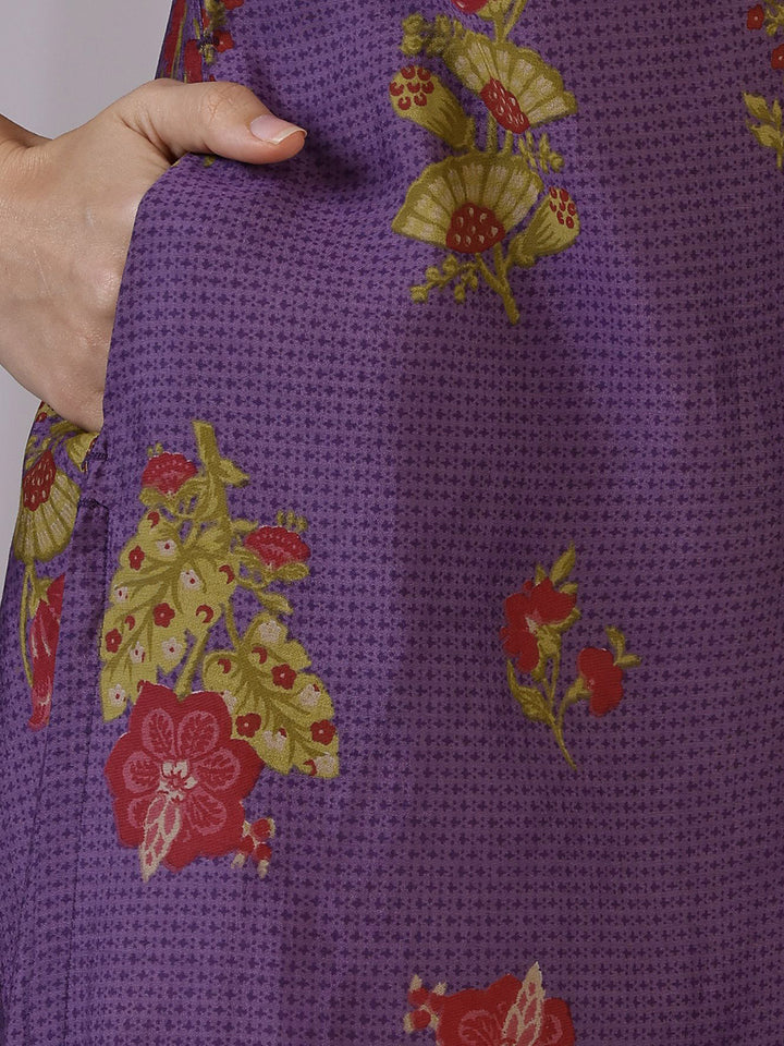 W Purple Floral Printed Mandarin Collar Three-Quarter Sleeves Straight Kurta