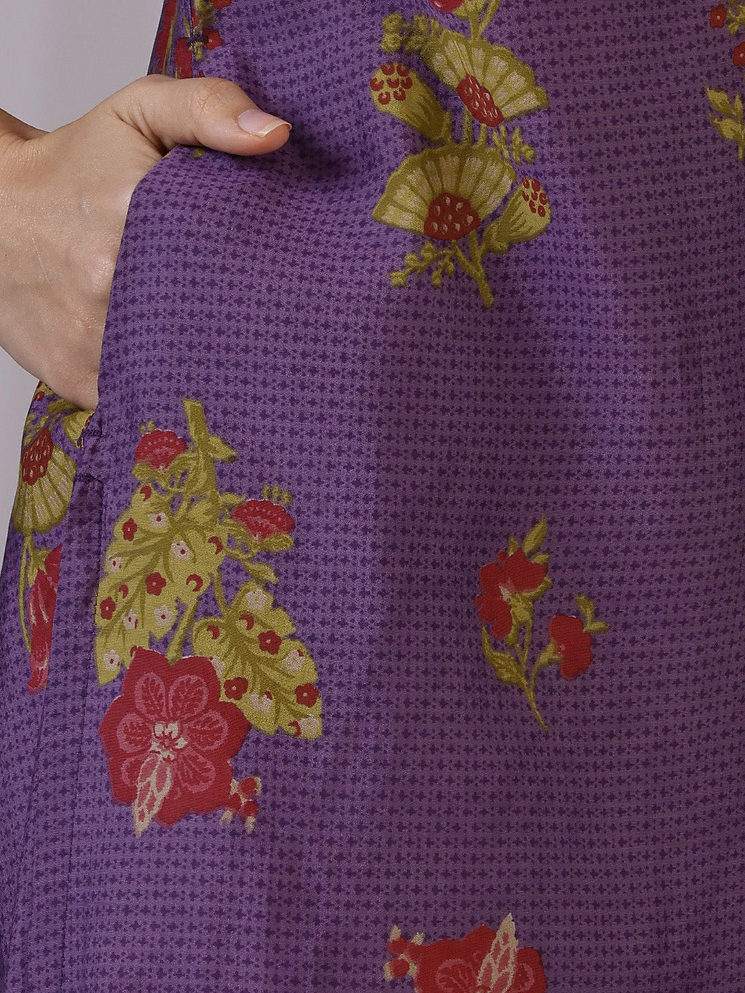W Purple Floral Printed Mandarin Collar Three-Quarter Sleeves Straight Kurta