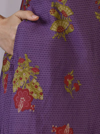 W Purple Floral Printed Mandarin Collar Three-Quarter Sleeves Straight Kurta