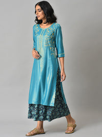 Aurelia Women Blue Zari Embroidered Kurta with Printed Culottes