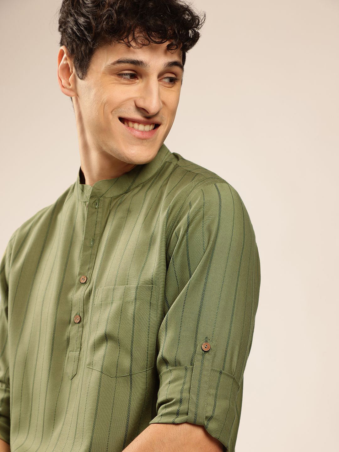 Anouk Striped Mandarin Collar Roll-Up Sleeves Short Kurta