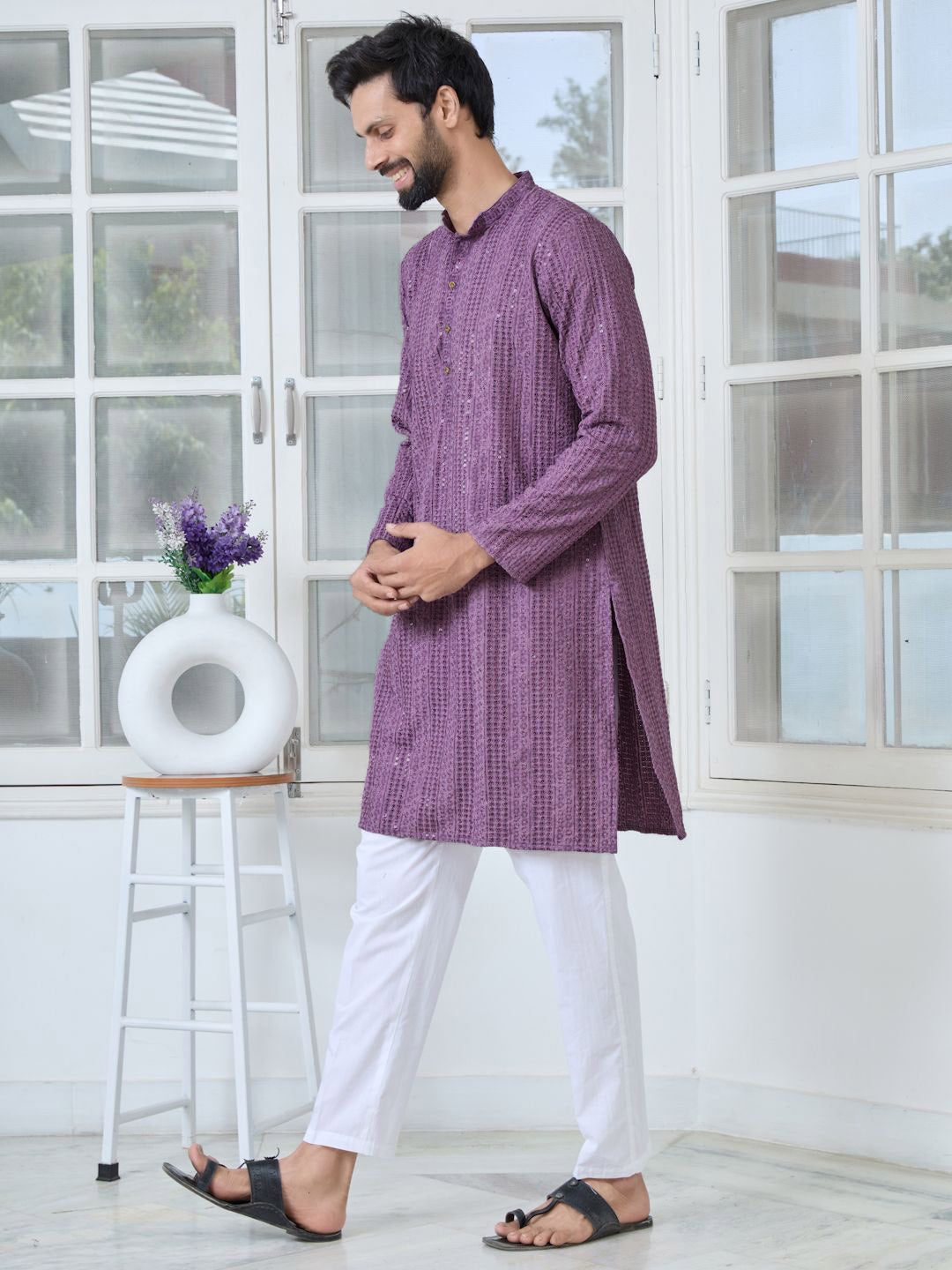 See Designs Floral Embroidered Mandarin Collar Thread Work Straight Kurta