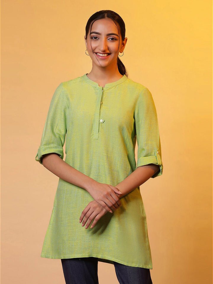 AURELIA Mandarin Collar Roll-Up Sleeves Pure Cotton Kurti