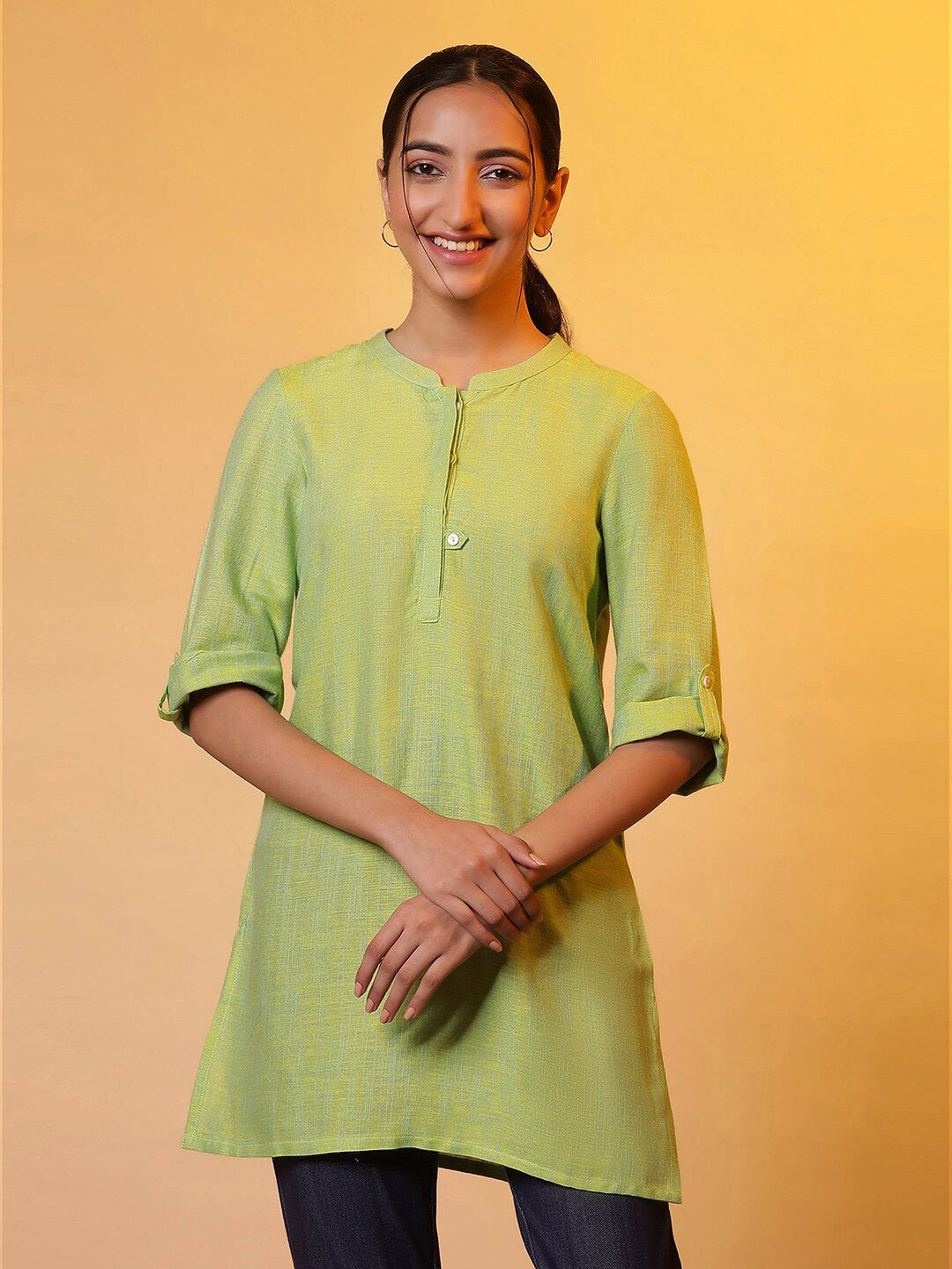 AURELIA Mandarin Collar Roll-Up Sleeves Pure Cotton Kurti