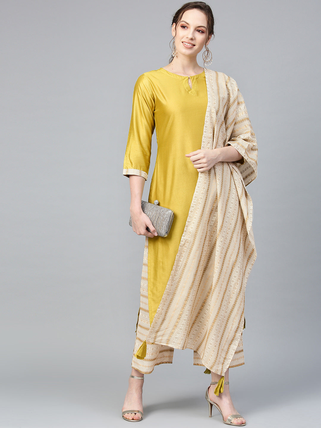 Indo Era Muted Dandelion Ethnic Stripes Keyhole Kurta Set with Stole