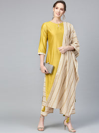 Indo Era Muted Dandelion Ethnic Stripes Keyhole Kurta Set with Stole