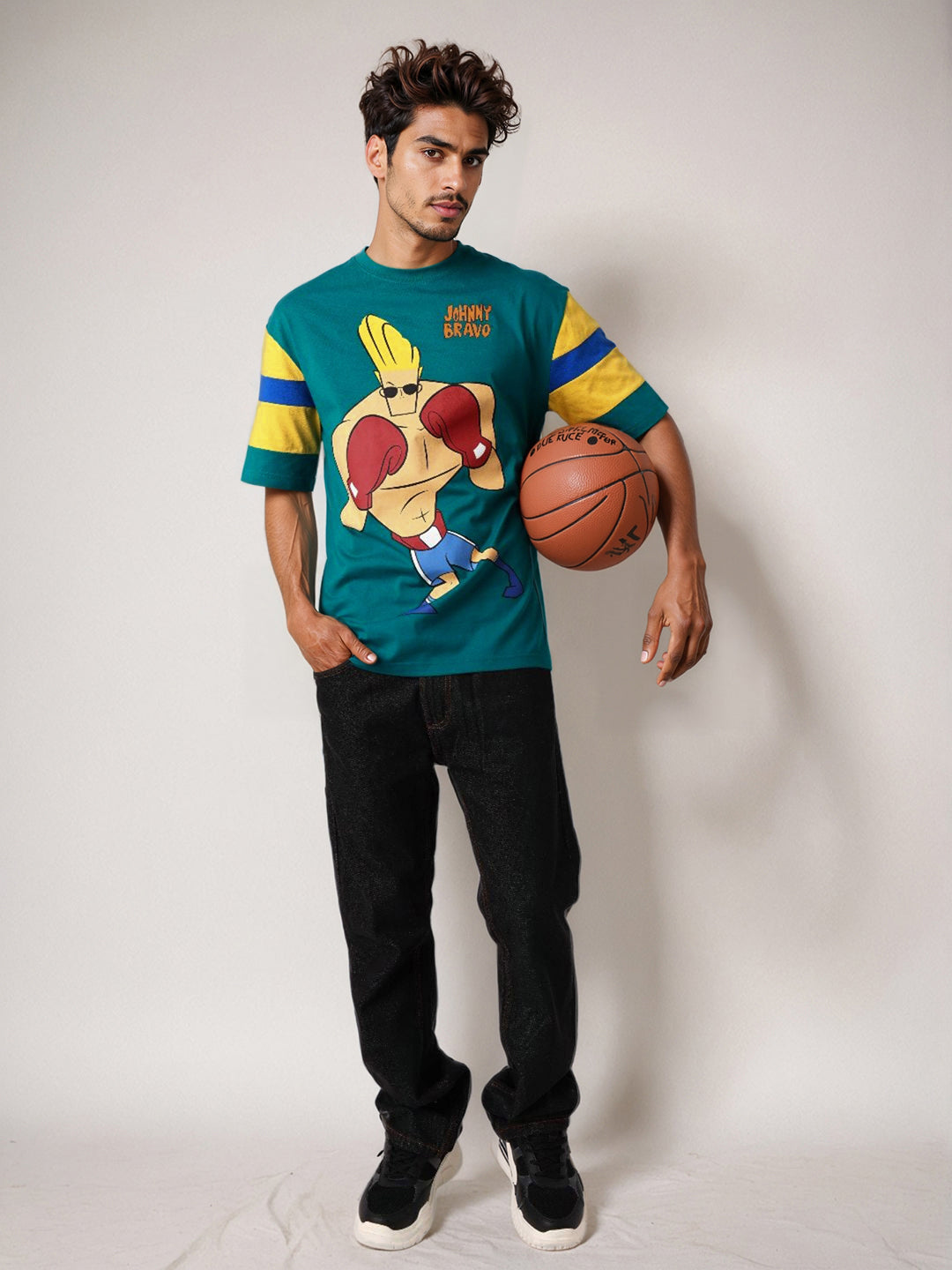 The Indian Garage Co Men Johnny Bravo Graphic Printed Round Neck Cotton Oversized T-shirt