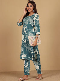 Varanga Floral Printed Round Neck Thread Work Straight Kurta With Trousers