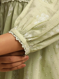 W Green & White Floral Printed Puff Sleeve Pure Cotton A-Line Top