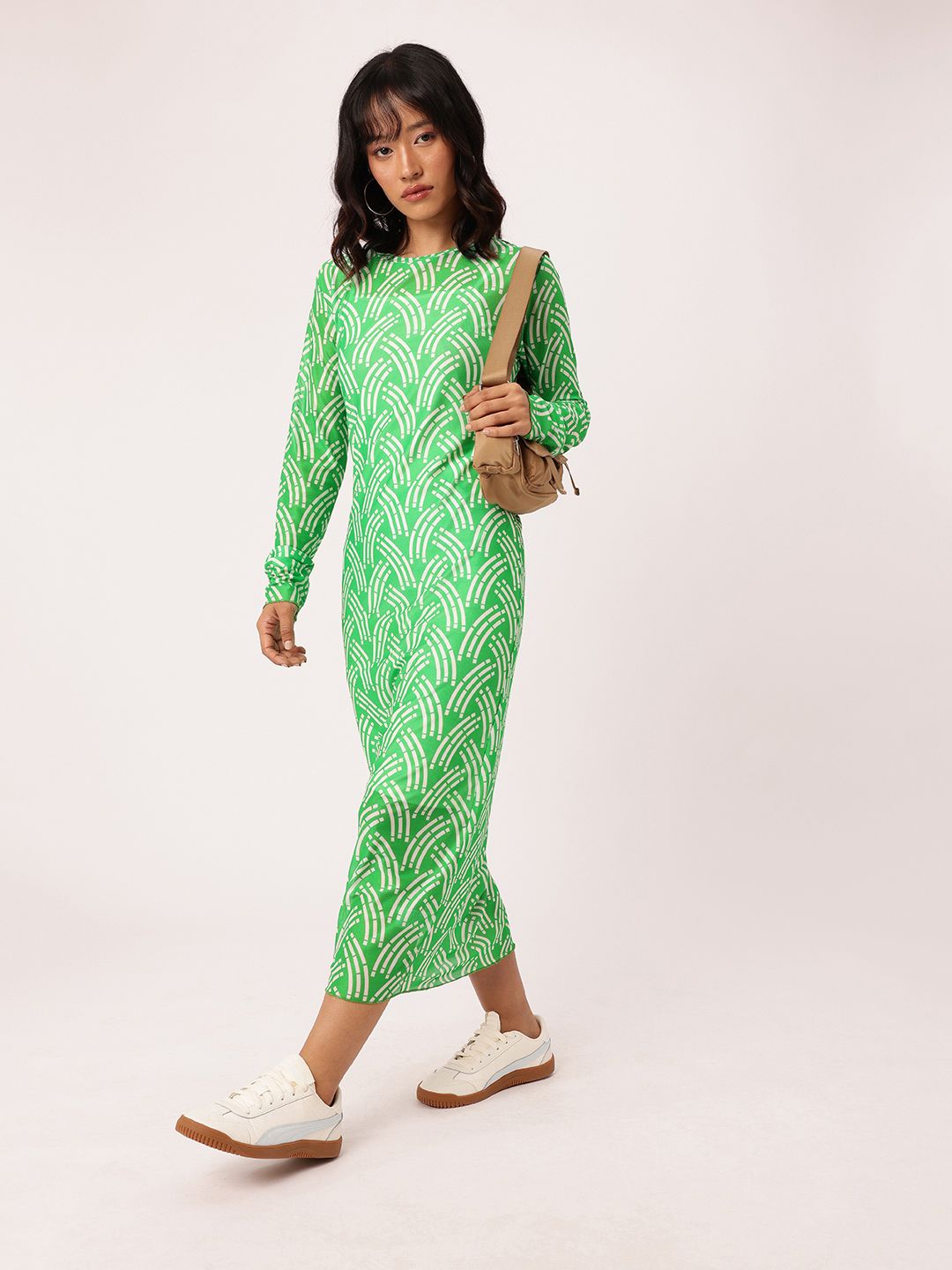 DressBerry Sleek Charm Printed Soft Mesh Sheath Midi Dress With A Inner Slip