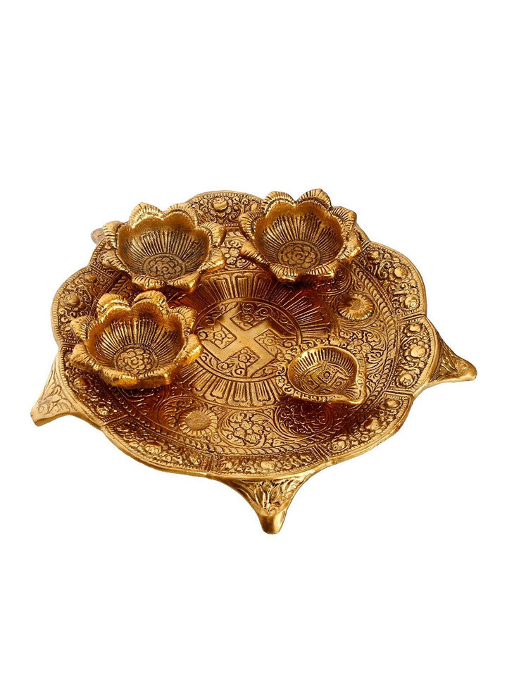 eCraftIndia Gold-Toned Swastik Pooja Thali Bowl & Diya Showpiece