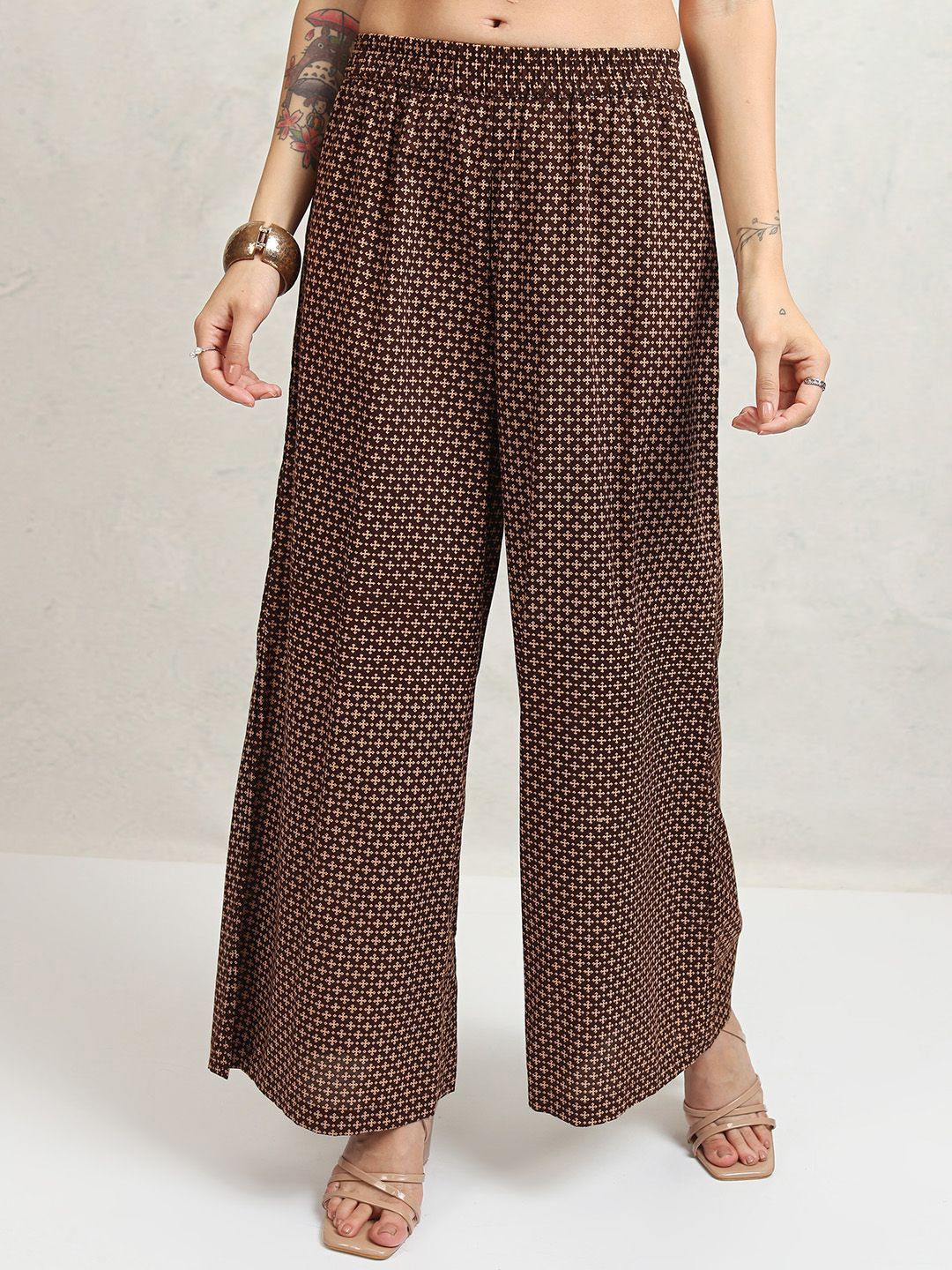Vishudh Coffee Brown Printed Shoulder Straps Pure Cotton Top With Trouser And Jacket