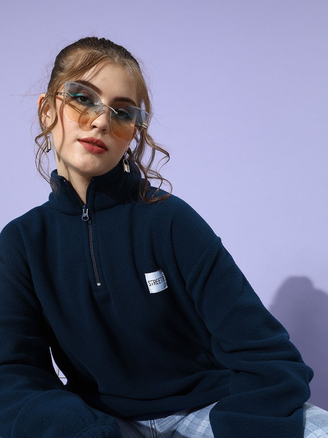 STREET 9 Women Deep Navy Blue Solid Sweatshirt
