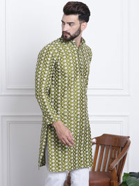 SOJANYA Men Green & White Ethnic Motifs Embroidered Kurta