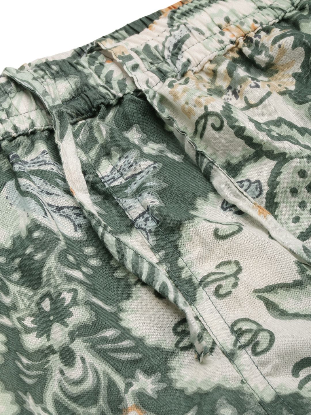 SANSKRUTIHOMES Women White & Green Pure Cotton Printed Shorts Set