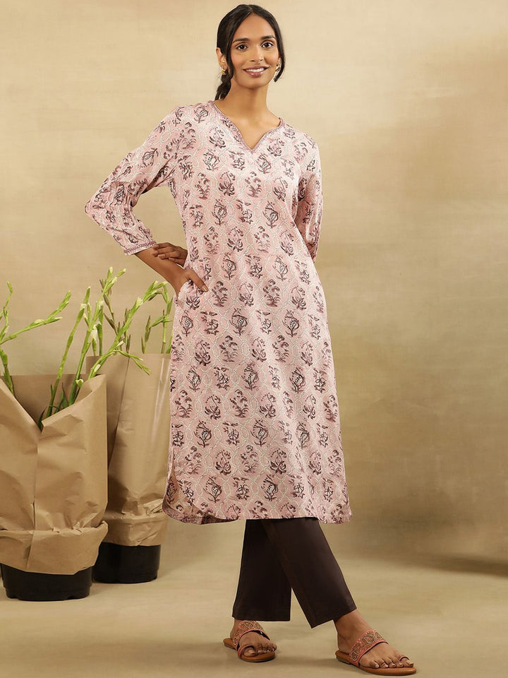 W Floral Printed V-Neck Mirror Work Kurta