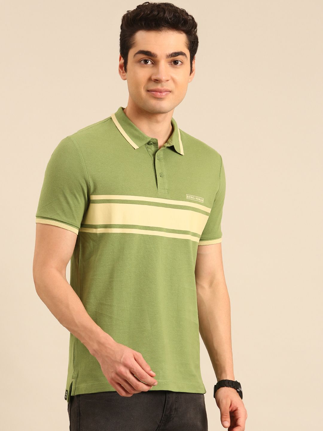 Being Human Striped Pure Cotton Polo Collar T-shirt