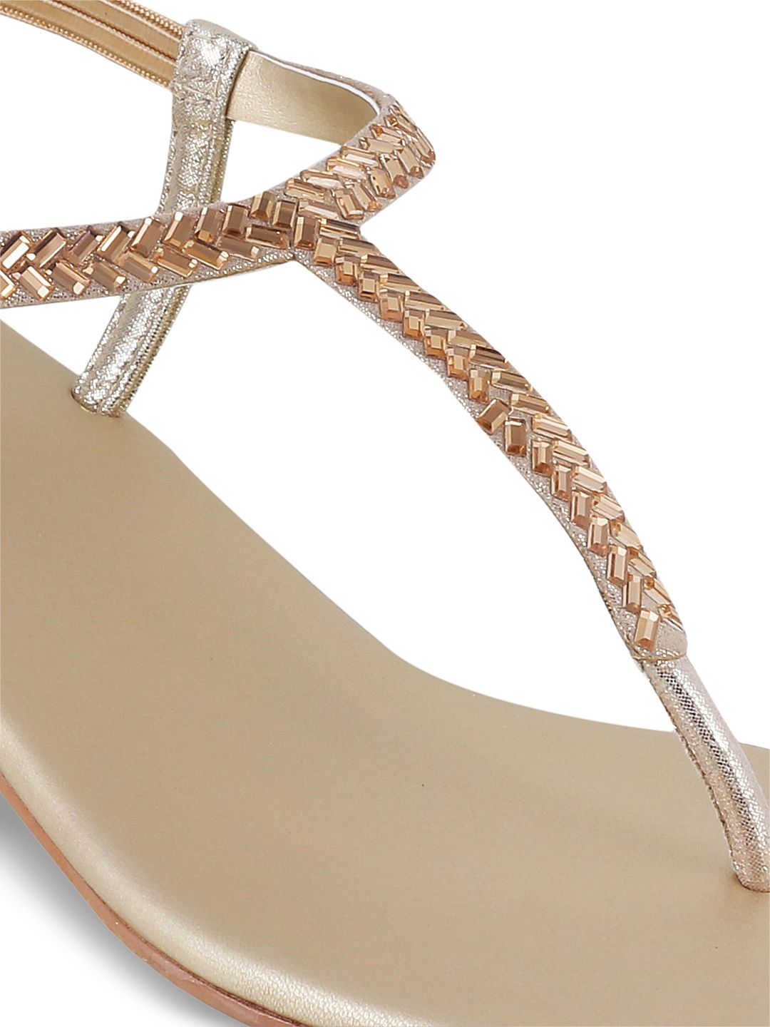 Metro Women Gold-Toned Solid Synthetic T-Strap Flats