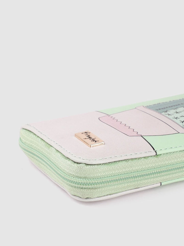 Berrylush Women Green & Pink Printed Zip Detail Zip Around Wallet