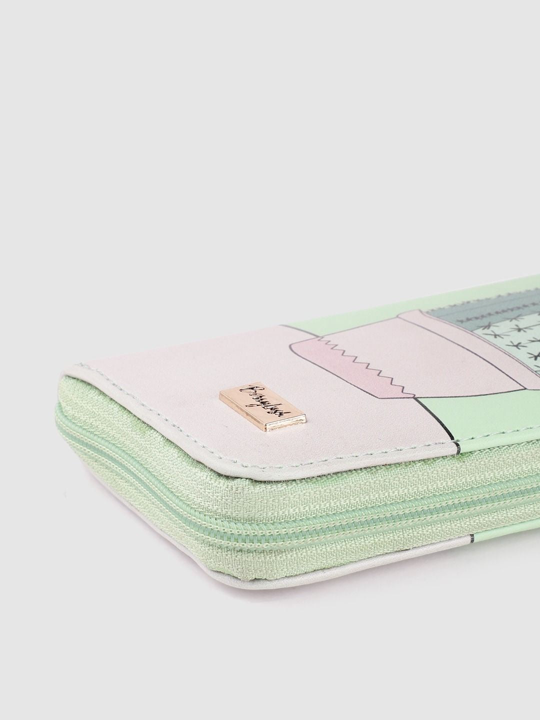 Berrylush Women Green & Pink Printed Zip Detail Zip Around Wallet