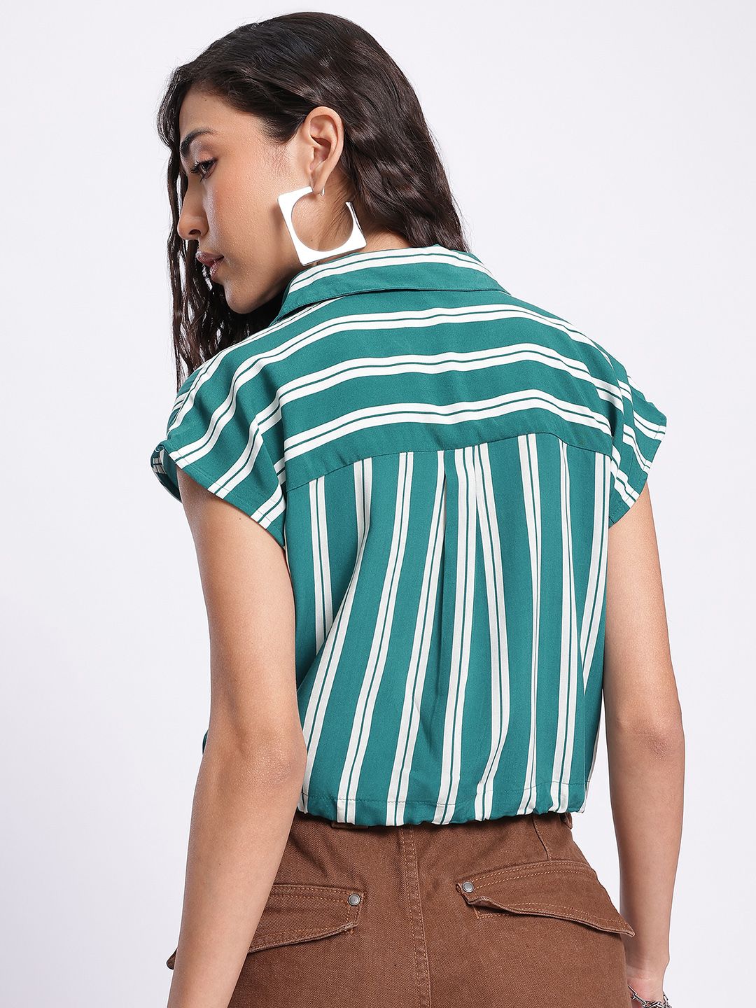 DressBerry Striped Cinched Waist Crop Shirt-Style Top