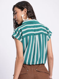 DressBerry Striped Cinched Waist Crop Shirt-Style Top